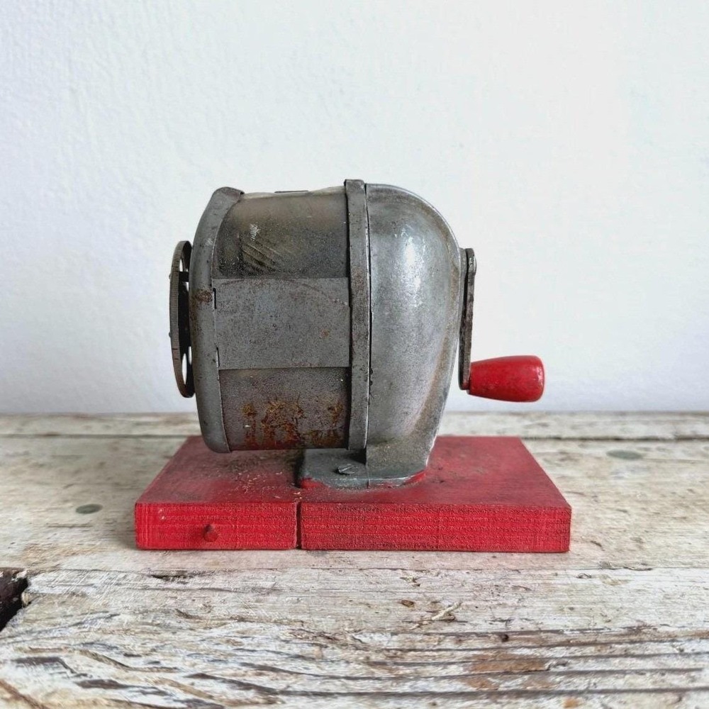 Vintage Red Metal Pencil Sharpener on Wooden Base Manual Desk Accessory